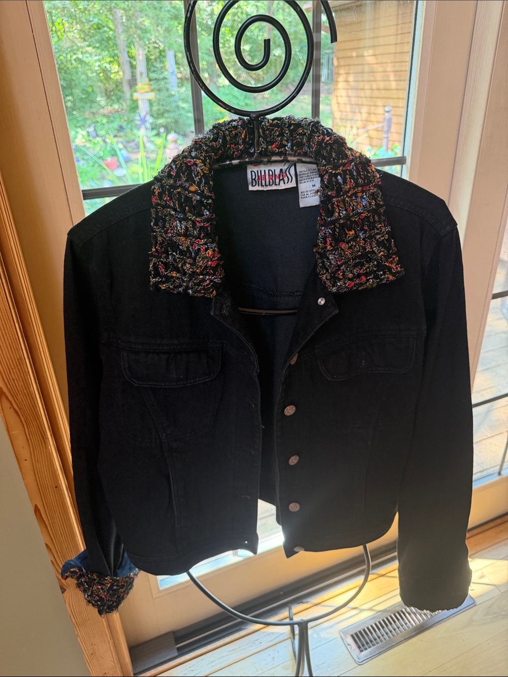 Vintage Bill Blass Truck ButtonUp Jean Jacket w Multicolor Tweed Collar & Cuffs